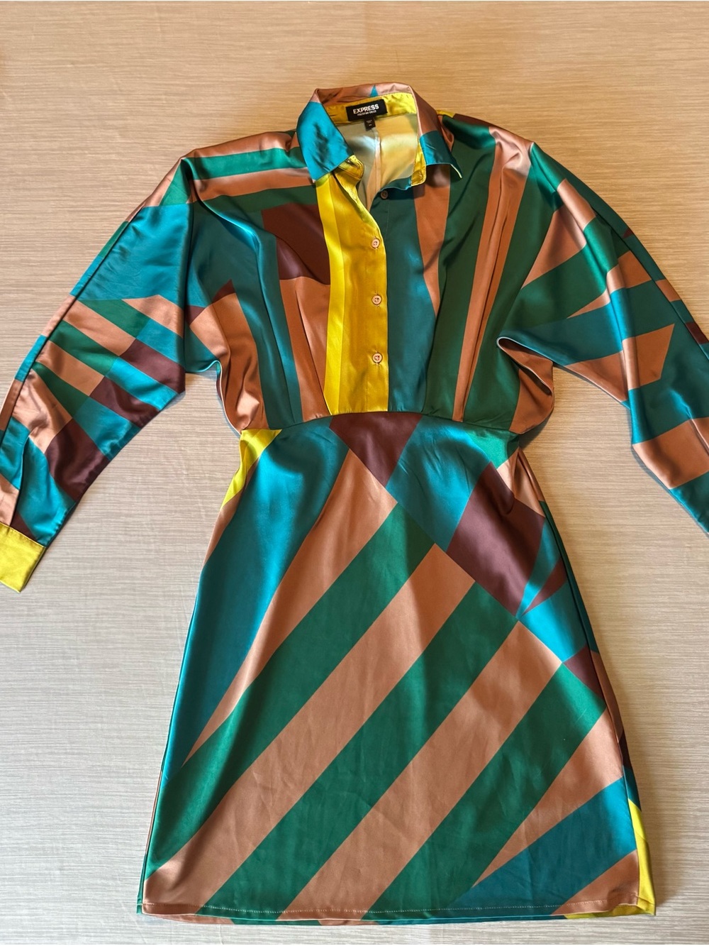Express Green, Brown & Yellow Geometric Satin Long-Sleeve Dress